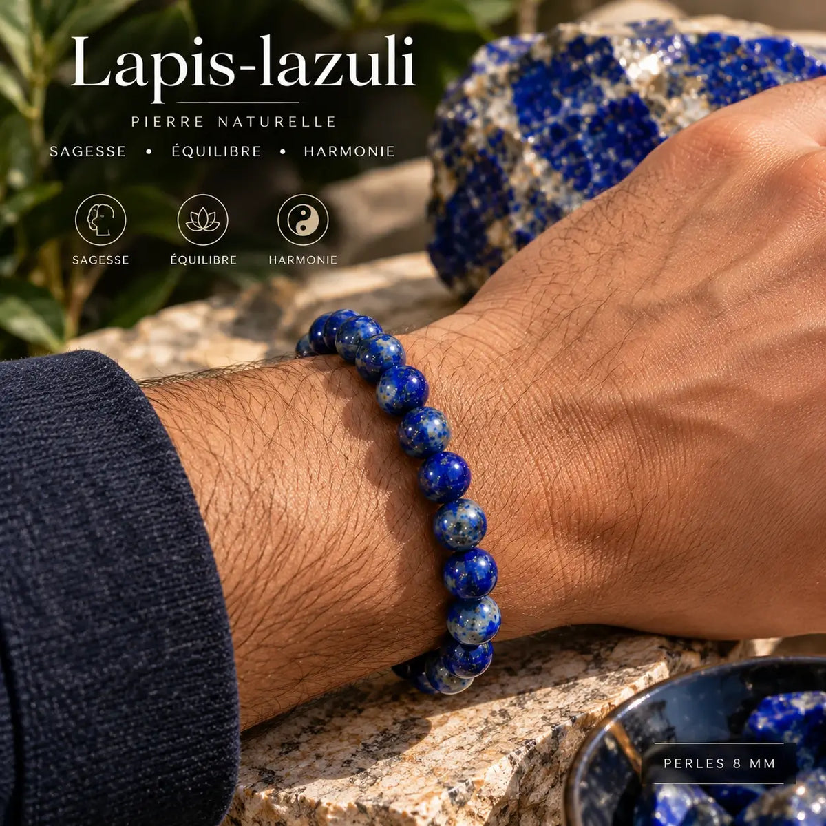 Bracelet en lapis-lazuli bleu de 8 mm porté au poignet avec une manche foncée.