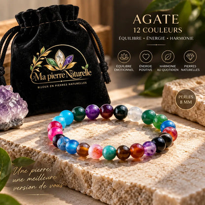 Bracelet en agate multicolore de 8 mm présenté avec sa pochette noire Ma Pierre Naturelle.