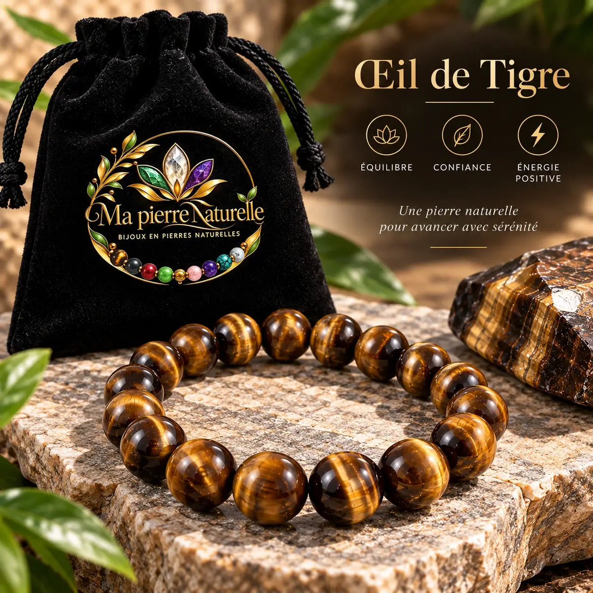 Bracelet en œil de tigre de 8 mm présenté avec sa pochette noire Ma Pierre Naturelle.