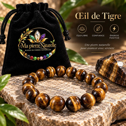 Bracelet en œil de tigre de 8 mm présenté avec sa pochette noire Ma Pierre Naturelle.
