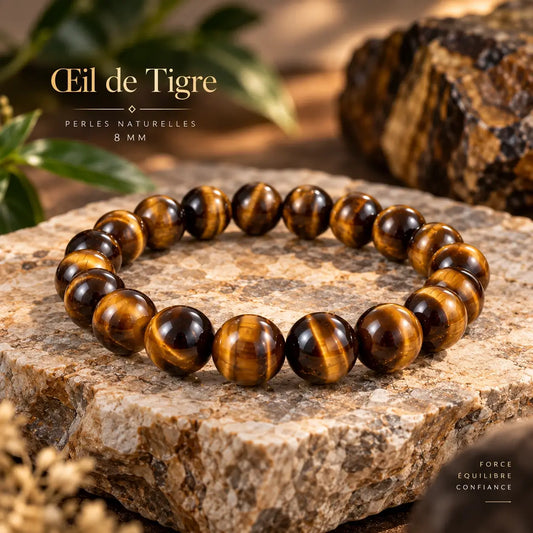 Bracelet en œil de tigre à perles rondes de 8 mm, aux reflets bruns, dorés et ambrés.