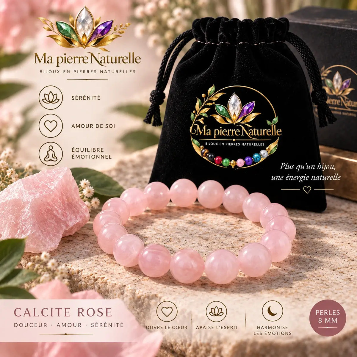 Bracelet en calcite rose de 8 mm présenté avec sa pochette noire Ma Pierre Naturelle.