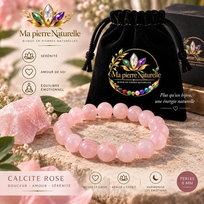 Bracelet en calcite rose de 8 mm présenté avec sa pochette noire Ma Pierre Naturelle.