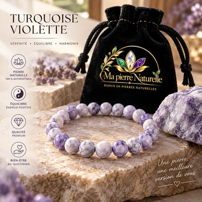 Bracelet Turquoise violette de 8 mm présenté avec sa pochette noire Ma Pierre Naturelle.