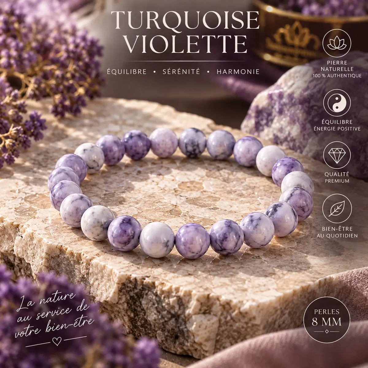 Bracelet Turquoise violette à perles rondes de 8 mm, aux motifs violets, lilas et blancs.