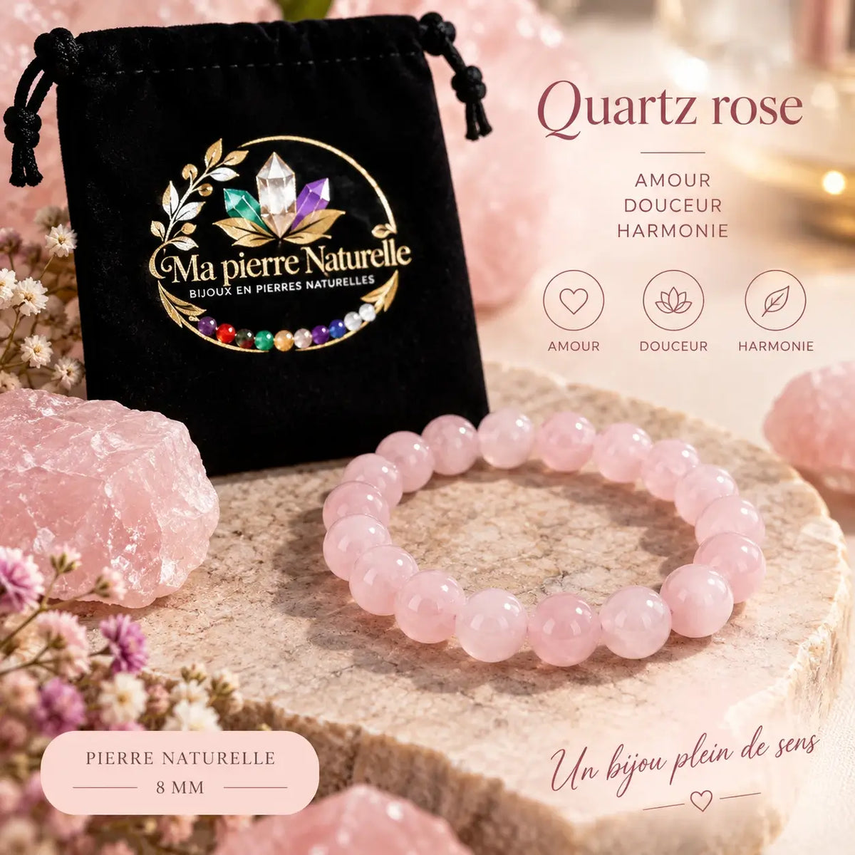 Bracelet en quartz rose de 8 mm présenté avec sa pochette noire Ma Pierre Naturelle.