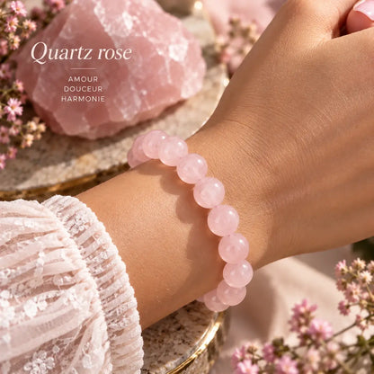 Bracelet en quartz rose à perles de 8 mm porté au poignet avec une manche claire.