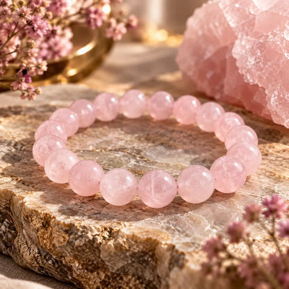 Bracelet en quartz rose à perles rondes de 8 mm, aux nuances rose pâle, posé sur un socle en pierre.