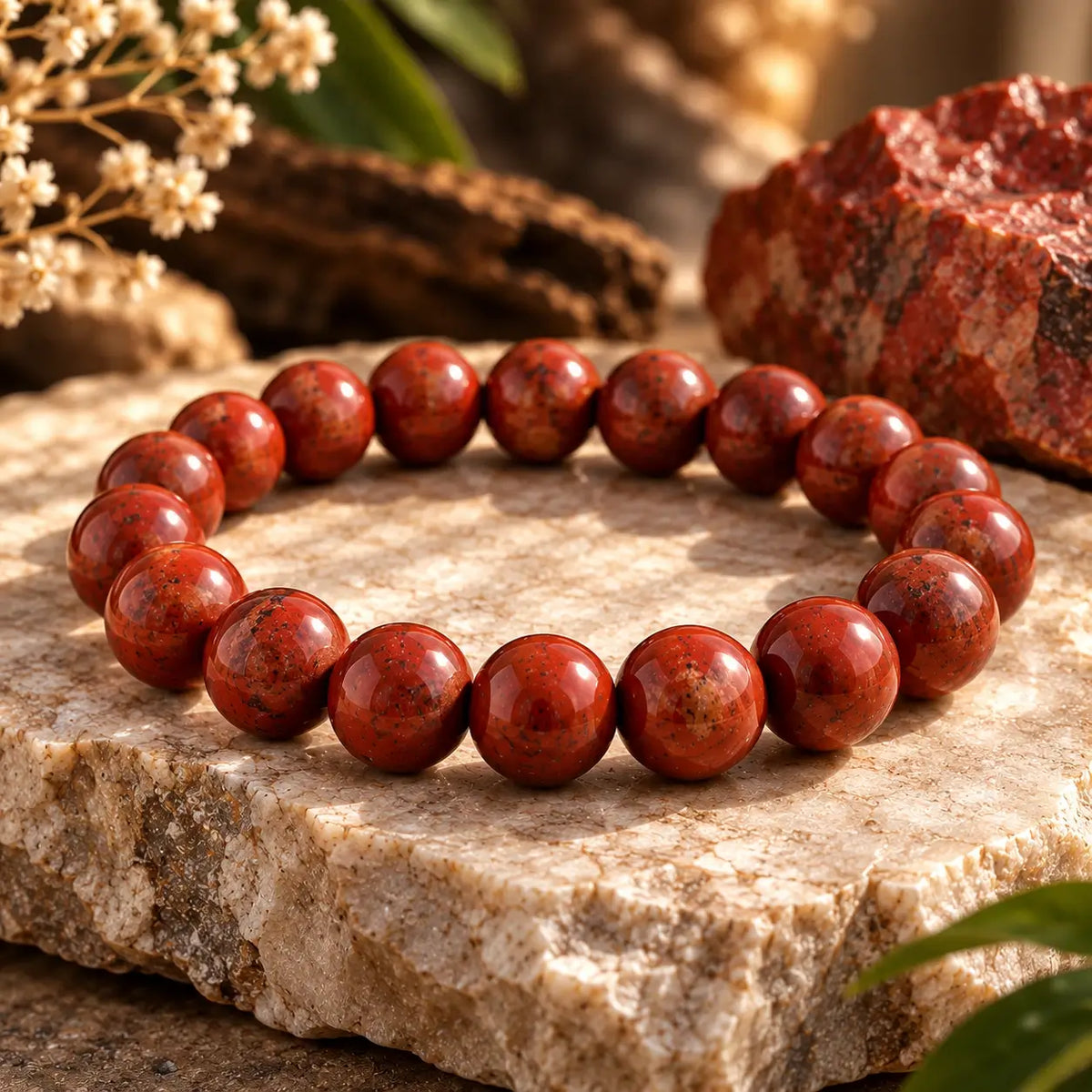 Bracelet en jaspe rouge à perles rondes de 8 mm, posé sur un socle en pierre.