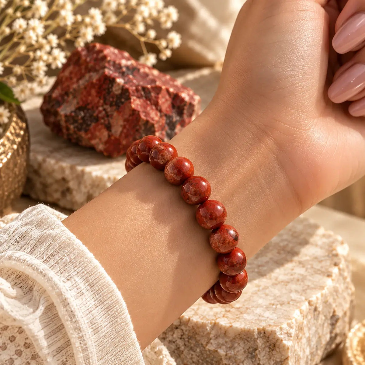 Vue portée d’un bracelet en jaspe rouge à perles rondes de 8 mm et aux motifs variables.